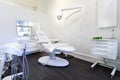 Modern clean white dentist surgery room with dentist chair in the middle