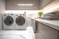 Modern cleanliness laundry room interior with sleek white marble flooring Royalty Free Stock Photo