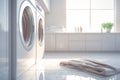 Modern cleanliness laundry room interior with sleek white marble flooring Royalty Free Stock Photo