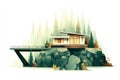 Modern Cliffside Home in Misty Forest Landscape with Autumn Foliage. Royalty Free Stock Photo
