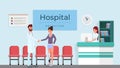 Modern clinic reception flat vector illustration. Smiling doctor, woman with prosthesis and receptionist characters Royalty Free Stock Photo