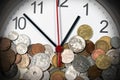 Modern Clock with Old Coins Royalty Free Stock Photo