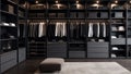 Modern closet with charcoal grey walls and black shelving, neatly organized clothes on display