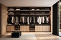 A modern closet opened with some clothes