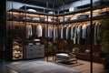 A modern closet opened with some clothes