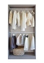 Modern closet with row of white dress and shoes