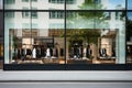 Modern clothing boutique with glass facade, city street view.