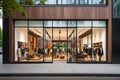 Modern clothing boutique with glass facade, city street view.