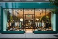 Modern clothing boutique with glass facade, city street view.
