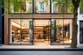 Modern clothing boutique with glass facade, city street view.