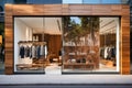 Modern clothing boutique with glass facade, city street view.