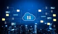 Modern Cloud Computing Concept with Data Transfer Arrows and Digital City Skyline in Background, Symbolizing Technology Royalty Free Stock Photo