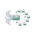Modern Cloud Computing Data Flow Diagram Central Server Rack Distributing Information to Multiple Virtual Cloud Instances Network Royalty Free Stock Photo