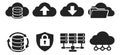 Modern cloud computing icon set featuring database, upload, download, and security for technology services Royalty Free Stock Photo