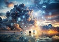 Modern Cloud Network Design Visualizing the Future of IoT Devices and Digital Infrastructure Through Double Exposure Royalty Free Stock Photo