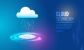 Modern cloud technology concept with a glowing cloud icon, digital circuits, and futuristic interface elements in blue tones. Royalty Free Stock Photo
