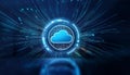 Modern cloud technology icon with a digital circuit design on a blue background. 3D Rendering