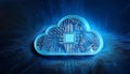 Modern cloud technology icon with a digital circuit design on a blue background. 3D Rendering