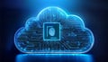 Modern cloud technology icon with a digital circuit design on a blue background. 3D Rendering