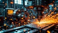 Modern CNC lathe cutting metal. High speed automated manufacturing process. Sparks fly. Industry tech concept. Future smart
