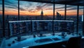 Modern Coding Workspace with City Sunset Skyline Royalty Free Stock Photo