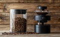 Modern coffee grinder and transparent storage container filled with roasted coffee beans on a rustic wooden surface, showcasing Royalty Free Stock Photo