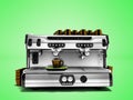 Modern coffee machine with a set of brown cups for making coffee isolated 3d rendering on green background with shadow