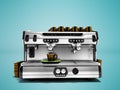 Modern coffee machine with set of brown cups for preparing coffee 3d render isolated against blue background with shadow