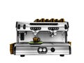 Modern coffee machine with set of brown cups for preparing coffee 3d render isolated against white background no shadow