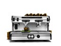 Modern coffee machine with a set of brown cups for preparing coffee 3d render isolated against white background with shadow