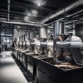 Modern Coffee Roastery with Shiny Silver Roasting Machines & Freshly Roasted Beans