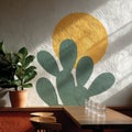 Modern coffee shop interior with cactus wall art and natural light. Royalty Free Stock Photo