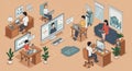 A modern, collaborative office setting with five individuals working remotely, depicted Royalty Free Stock Photo