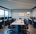 Modern collaborative office space with workstations and meeting table. Royalty Free Stock Photo