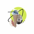 Modern collage with a mountain, ice-cream and abstract shapes