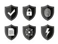 Modern collection of black shield icons representing various aspects of digital security and data protection Royalty Free Stock Photo