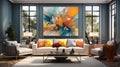 Modern colored living room interior in luxury house. Comfortable sofa and armchairs, coffee table, houseplants, large