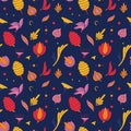 Modern colored seamless blue pattern with flowers and geometric elements. Purple, orange, pink and yellow colors Royalty Free Stock Photo