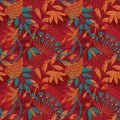 Modern colored seamless brown pattern with flowers and geometric elements. Green, red and orange colors Royalty Free Stock Photo