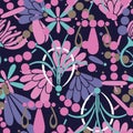 Modern colored seamless violet pattern with flowers and geometric elements. Green, blue, pink colors Royalty Free Stock Photo