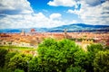 Modern colorful aerial view Florence Firenze on blue backdrop. Famous european travel destination. Beautiful architecture. Italian Royalty Free Stock Photo