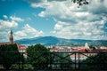 Modern colorful aerial view Florence Firenze on blue backdrop. Famous european travel destination. Sunny summer day. Beautiful Royalty Free Stock Photo