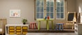 Colorful baby bedroom with creative play space interior design, toys cabinet, play table, easel