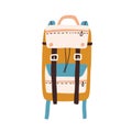 Modern colorful backpack with straps and pockets isolated on white background. Travel or hiking bag. Colored flat vector