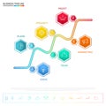 Modern colorful business timeline hexagon infographics template with icons and elements