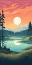 Modern And Colorful Crescent Lake Illustration With Forest And Dunes