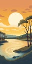 Modern And Colorful Crescent Lake Illustration With Forest And Dunes