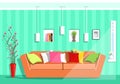 Modern colorful graphic living room with window. Flat style sofa, pillows, lamps, shelves, vase with sakura flowers.