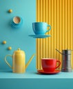 Modern colorful minimalistic abstract composition with coffee cups, kettle, and textured background Royalty Free Stock Photo