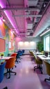 Modern colorful office space with neon lights and open seating arrangement Royalty Free Stock Photo